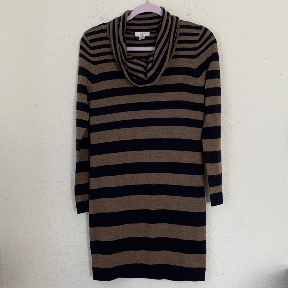 Loft Ann Taylor Merino Wool Striped Cowl Neck Sweater Dress Size MP